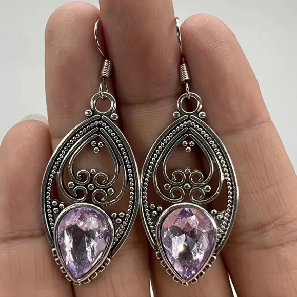 Ornate Filigree Silver Plated Dangle Earrings - Synthetic Stone - Picture 2 of 6